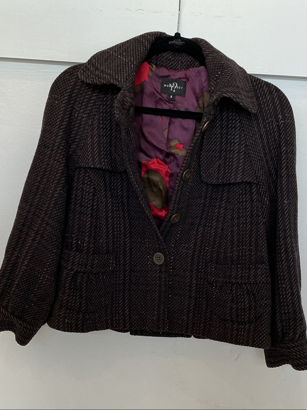 Modcloth Brown Tweed Short Blazer with Floral Lining